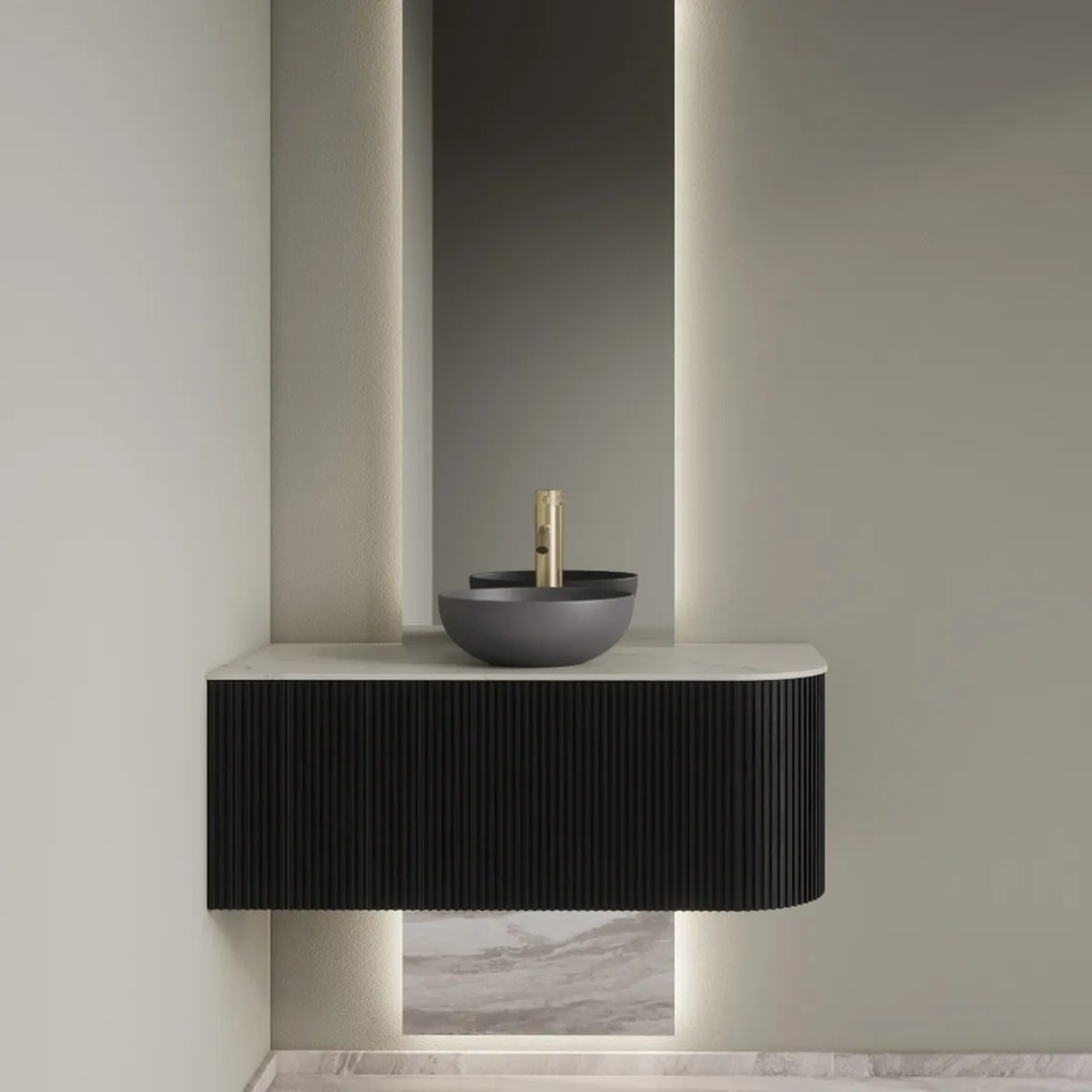 Gliss Design Alluro badmeubel ribbelfront met ronding rechts 100cm black en wit marmer toppaneel