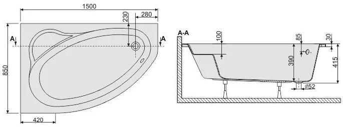 Plazan Ekoplus badkuip met paneel 150x85cm wit links inclusief potenset