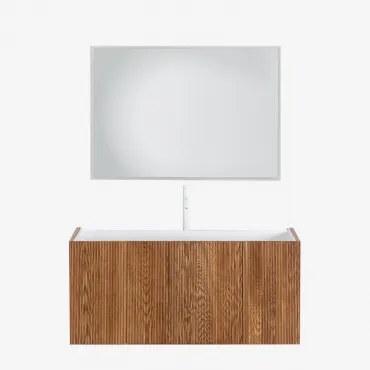 Badkamermeubelset In Hout Met Geïntegreerde Wastafel Fiore Donker Hout & Rechthoekige Led En Anticondens 100x70 Cm Riben & Wit ↑30 - Sklum