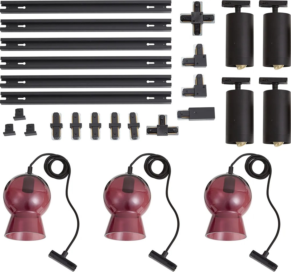 Modern railsysteem zwart met 4 spots en 3 hanglampen paars 1-fase - Iconic Bell Jeana Luxe