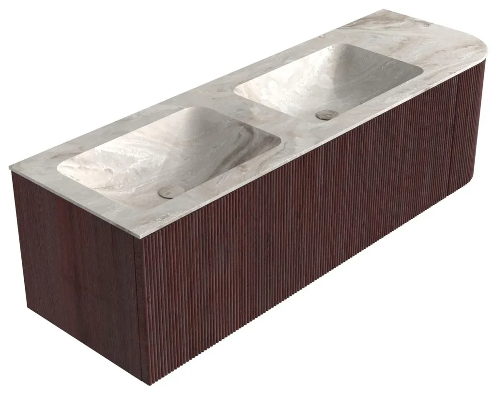 Mondiaz Kurve-dlux 145cm badmeubel ronding rechts ruby met 1 lade en deur en wastafel leaf dubbel/links zonder kraangat frappe