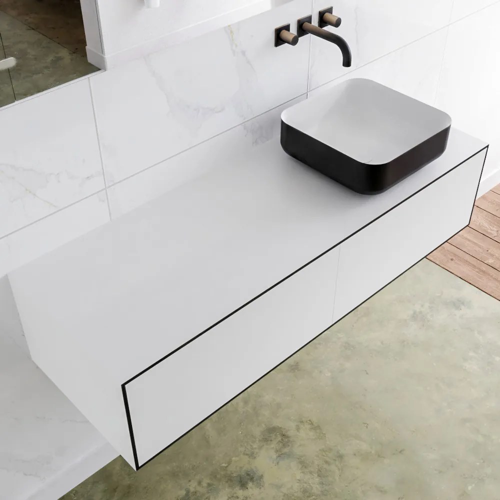 Zaro Lagom volledig naadloos solid surface onderkast met topblad 130cm mat zwart met 2 lades Push tot open. Compleet met solid surface opzetkom met 0 kraangat(en)