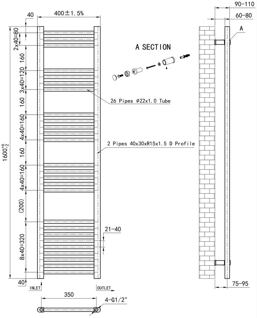 Eastbrook Wendover handdoekradiator 40x160cm 632W zwart mat