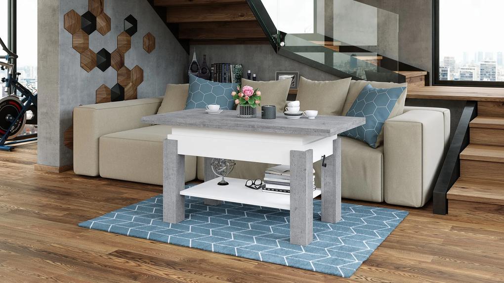 BRAVO beton / wit - salontafel met plank, OPKLAPBAAR VERHOOGD