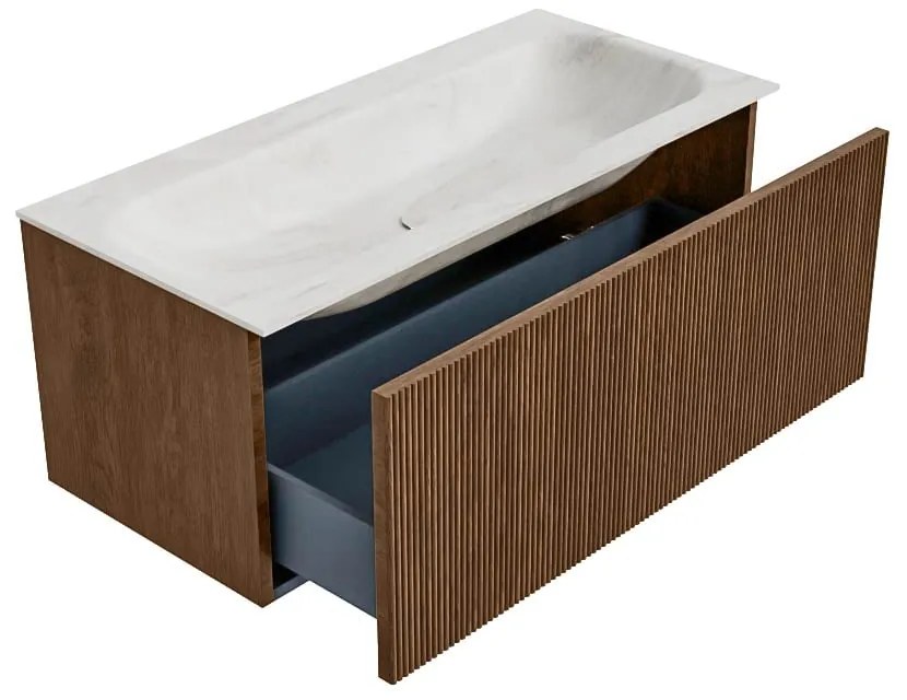 Mondiaz Kurve-dlux 100cm badmeubel walnut met 1 lade en wastafel big medium midden 1 kraangat ostra