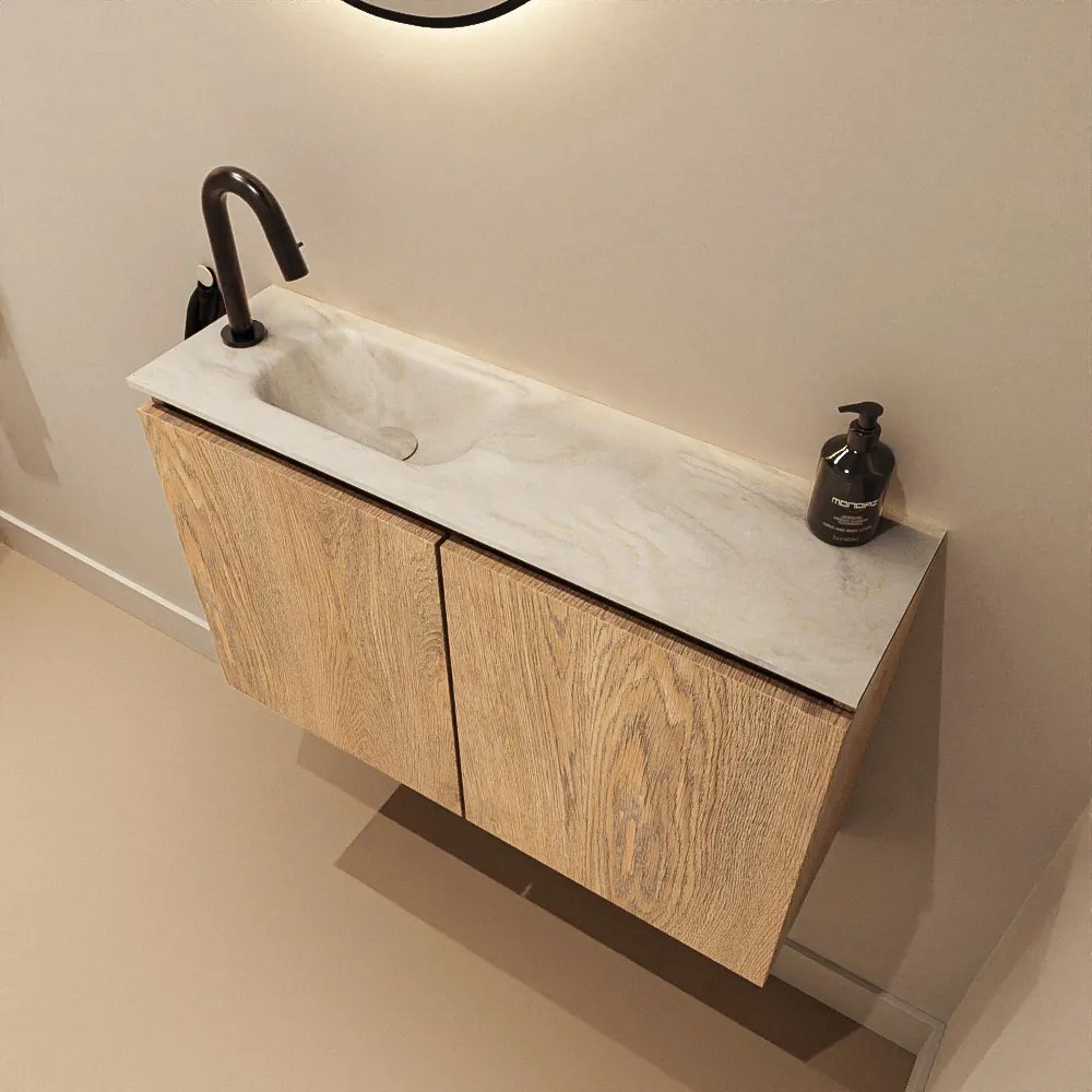 Mondiaz Ture DLux toiletmeubel 80cm washed oak met wastafel ostra links met kraangat