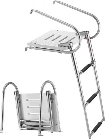 VEVOR Uitschuifbare bootladder, zwemtrap met 3 treden, antislip pedaal, leuning en platform, draagvermogen 181 kg, toegang vanaf de achterzijde, roestvrijstalen telescopische ladder voor boten, steigers en zwembaden