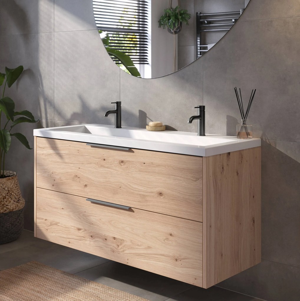 Saqu Lima badmeubel incl. glans witte wastafel met 2 kraangaten 120x52x64cm naturel eiken – geborsteld zwarte greep