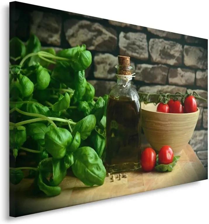 Schilderij - Olijfolie, basilicum en tomaten