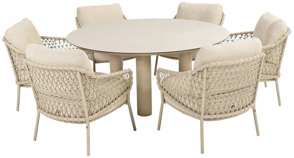 4 Seasons Outdoor Sardinia low dining tuinset latte met Donato tafel met geprint keramisch blad Ø 160 cm beige weerbestendig
