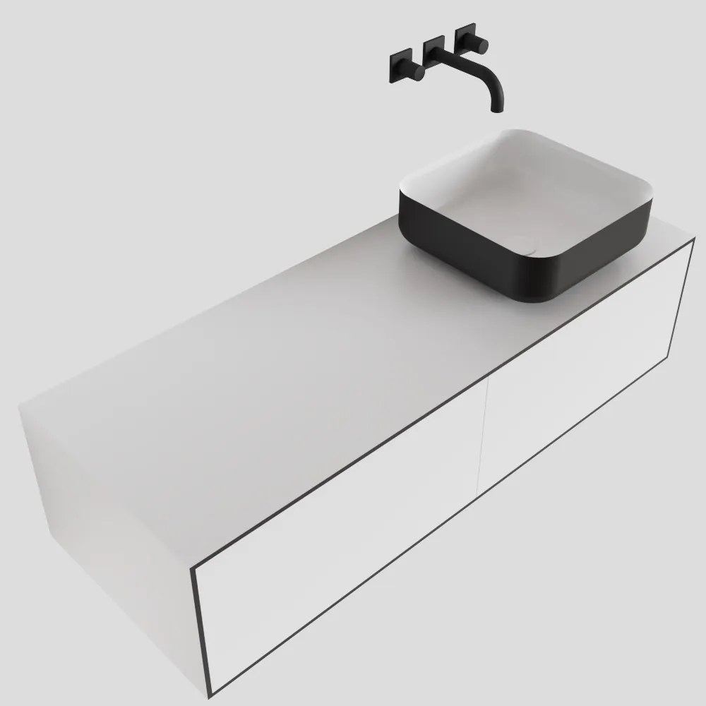 Zaro Lagom volledig naadloos solid surface onderkast met topblad 120cm mat zwart met 2 lades Push tot open. Compleet met solid surface opzetkom met 0 kraangat(en)