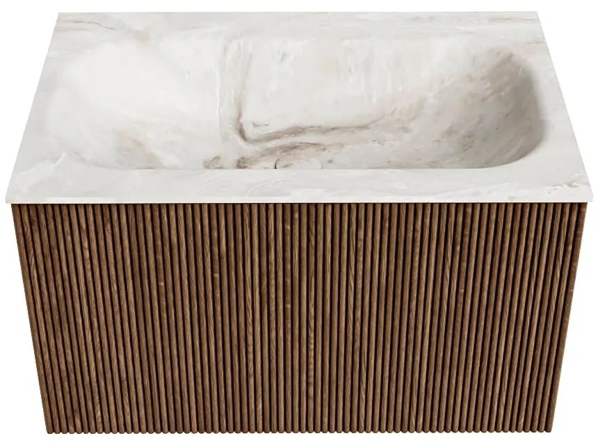 Mondiaz Kurve-dlux 70cm badmeubel walnut met 1 lade en wastafel big small midden zonder kraangat frappe