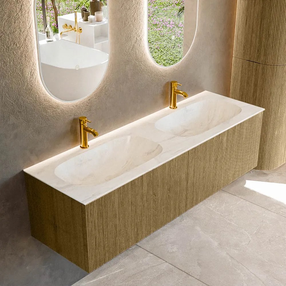 Mondiaz Kurve-dlux 150cm badmeubel dusk met 2 lades en wastafel stor small dubbel 2 kraangaten ostra