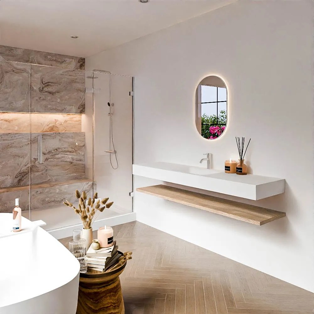 Zaro Alan badmeubel 170cm met planchet washed oak en vrijhangende wastafel cloud midden 1 kraangat talc