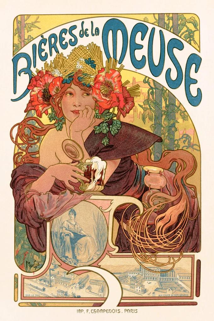Kunstdruk Bières De La Meuse (Art Nouveau Beer Lady) - Alphonse Mucha, (26.7 x 40 cm)