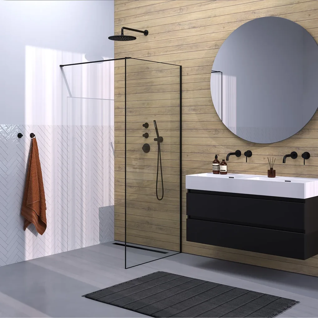 Brauer Black Frame inloopdouche helder glas 90x200 met muurprofiel en lijst rondom mat zwart