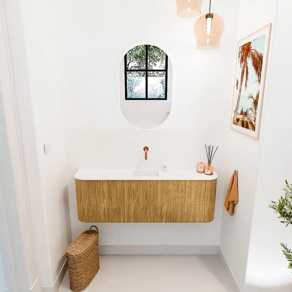 Mondiaz Joya 125cm toiletmeubel ronding links/rechts oak met wastafel faye midden zonder kraangat talc