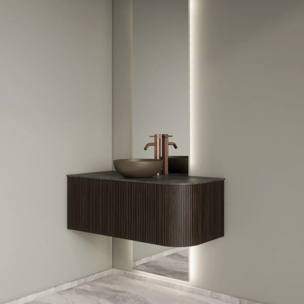 Gliss Design Alluro badmeubel ribbelfront met ronding rechts 100cm ebony en zwart leisteen toppaneel