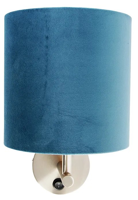 Strakke wandlamp staal met blauwe velours kap - Matt Modern E27 rond Binnenverlichting Lamp