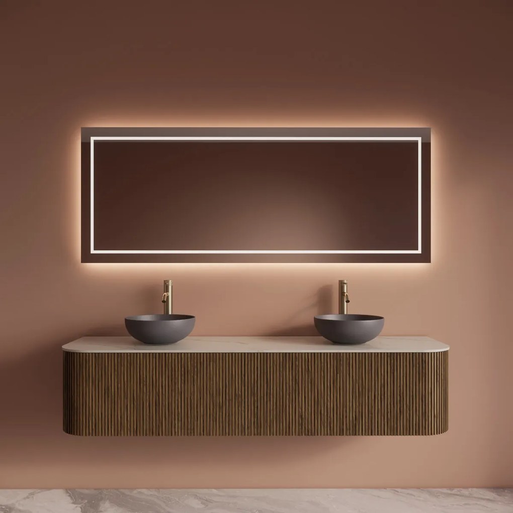 Gliss Design Alluro badmeubel ribbelfront met ronding links/rechts 180cm castle brown en wit marmer toppaneel