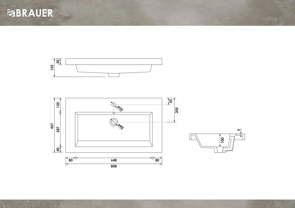 Brauer Solar Medium wastafel mineraalmarmer 80cm met kraangat wit mat