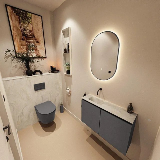 MONDIAZ TURE-DLUX 80cm toiletmeubel Dark Grey. EDEN wastafel Ostra positie links. Zonder kraangat. TUREDX80DGRL0OST