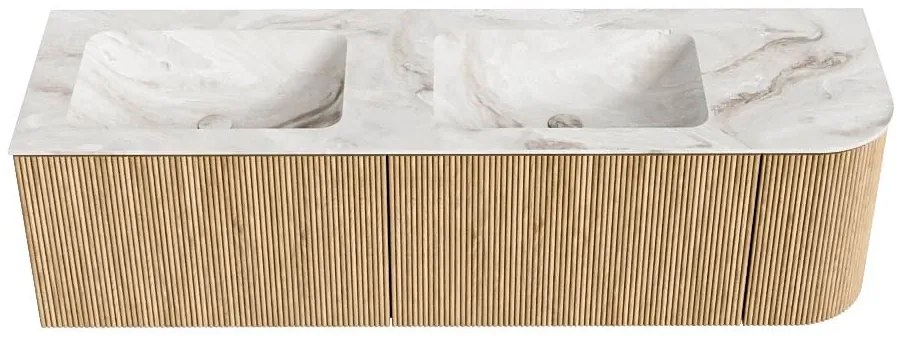 Mondiaz Kurve-dlux 155cm badmeubel ronding rechts oak met 2 lades en 1 deur en wastafel leaf dubbel/links 2 kraangaten frappe