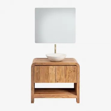 Vacry Houten Badkamermeubelset Acacia Bruin & Rond Cement Wit Ø40 Cm Zavion & Rechthoekige Led En Anticondens 80x70 Cm Riben & Geborsteld - Sklum