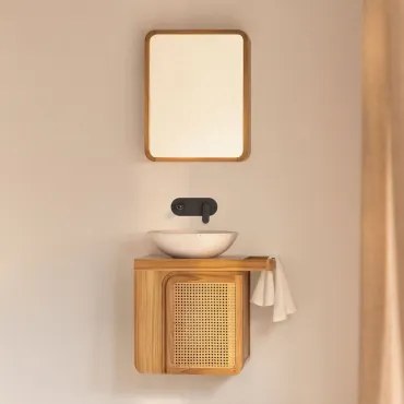 Georgy Zwevend Badkamermeubelset Van Teakhout Teakhout & Rond Cement Wit Ø40 Cm Zavion & Rechthoekig Met Afgeronde Hoeken En Opbergruimte 45x60 -