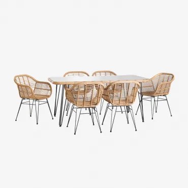 Rechthoekige Eettafelset 180x90 Cm Leribert En 6 Tuinstoelen Van Synthetisch Rattan Zole Natuurlijk & Geen Kussen - Sklum