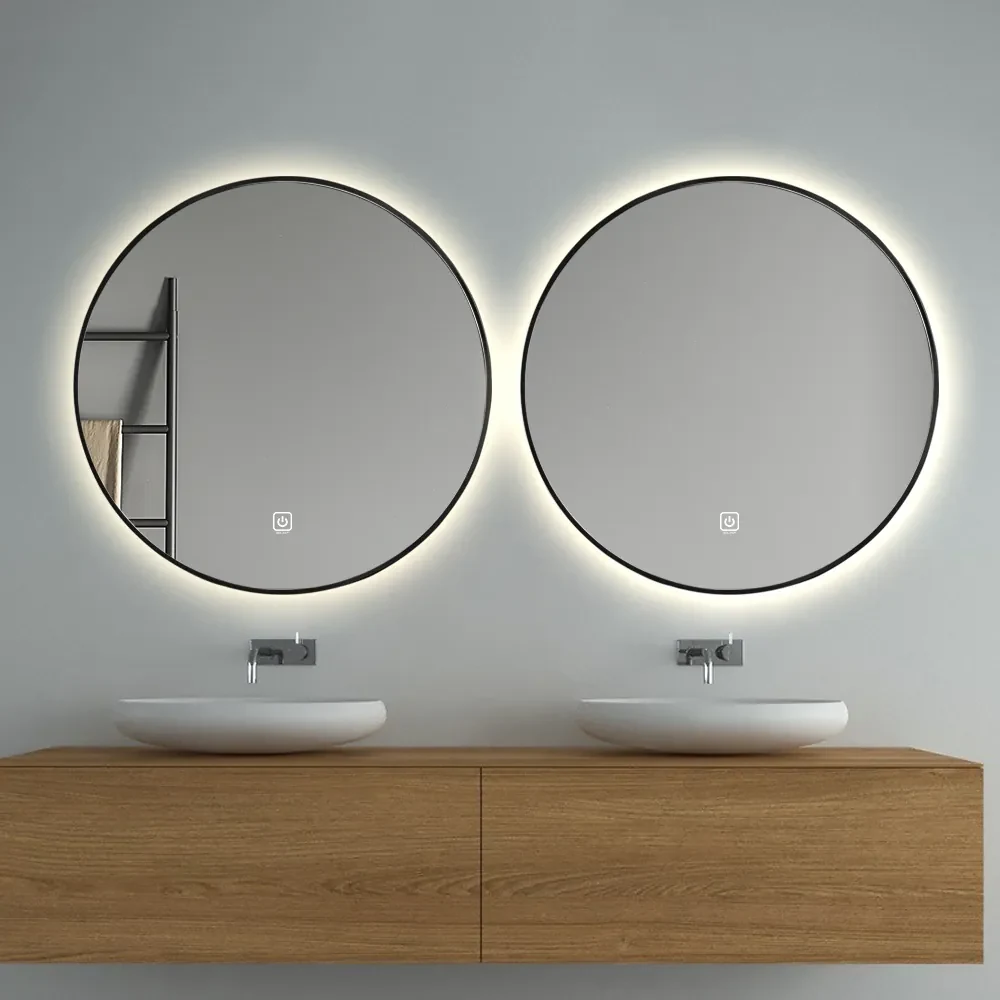 Set van 2 Saniclear Circle Black ronde spiegel met LED verlichting 80cm incl. spiegelverwarming mat zwart