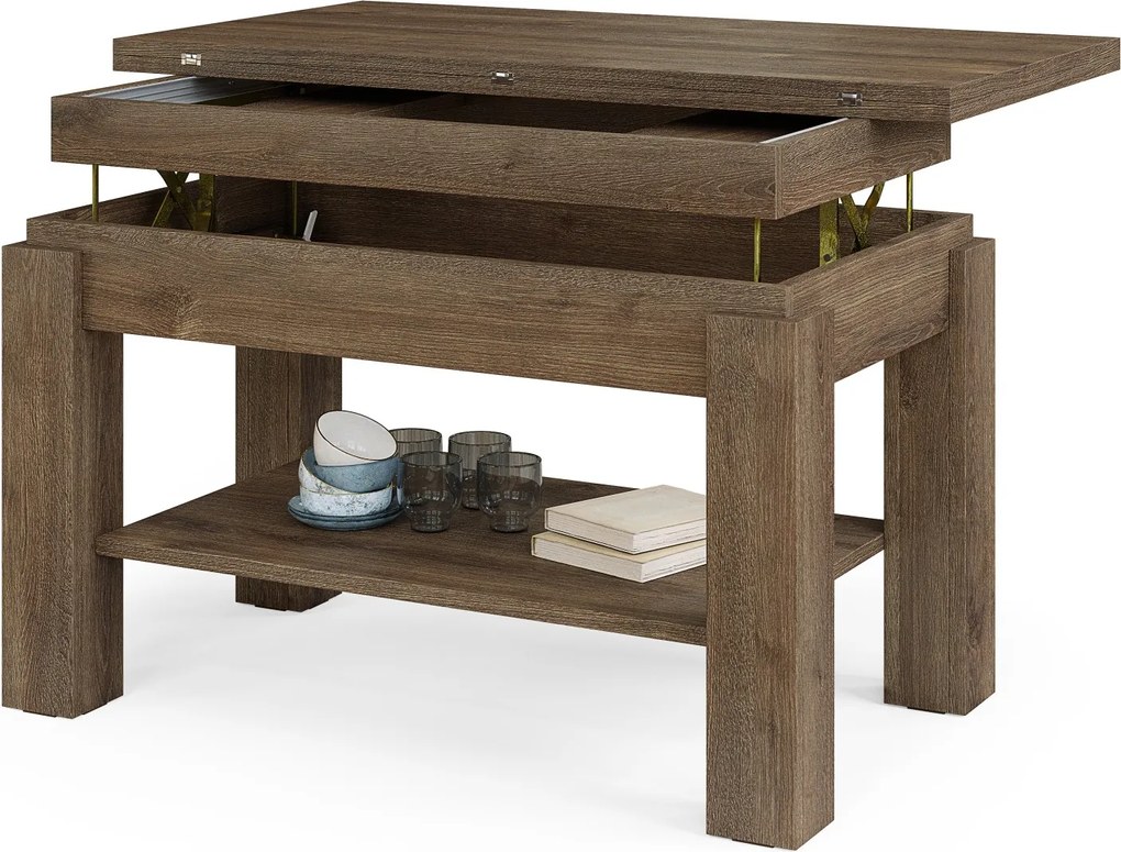 BRAVO bruin eiken – uitschuifbare en in hoogte verstelbare salontafel, tafel met plank