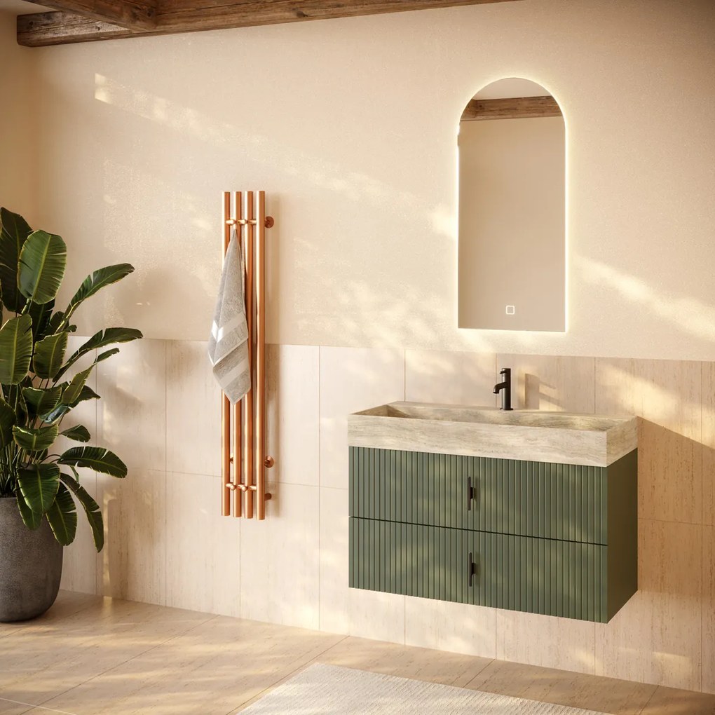 Muebles Murcia badmeubel ribbelfront 100cm legergroen met White Travertin wastafel met kraangat