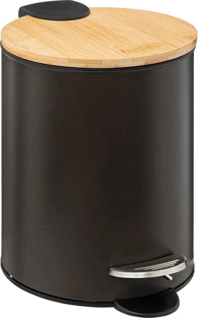 5Five pedaalemmer'Soft'zwart metaal 3 liter - 24 cm - Voor badkamer en toilet - Prullenbak met bamboe deksel