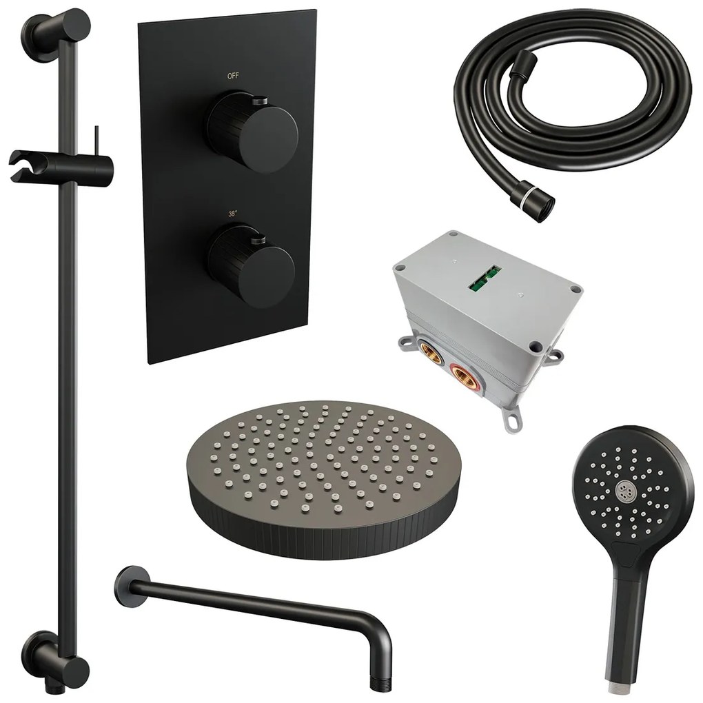 Brauer Stripe inbouw regendouche met 25cm hoofddouche, met gebogen muurarm, glijstang en 3 standen handdouche set 23 zwart mat