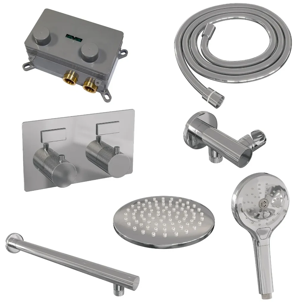 Brauer Chrome Carving thermostatische inbouw regendouche met 3 standen handdouche, rechte muurarm en hoofddouche 20cm set 55 chroom