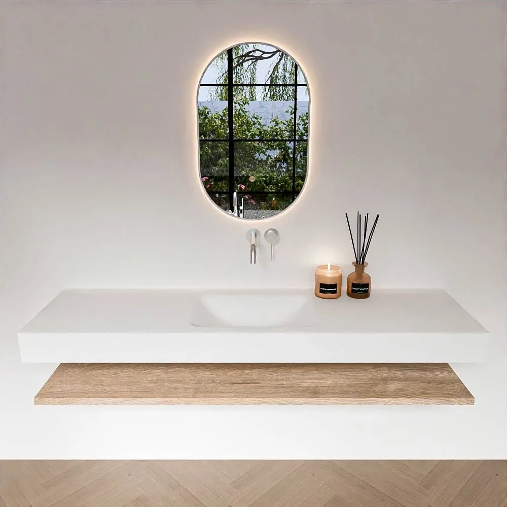 Zaro Alan badmeubel 170cm met planchet washed oak en vrijhangende wastafel cloud midden zonder kraangat talc