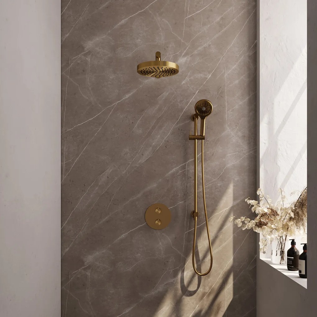 Brauer Stripe inbouw regendouche rond met 25cm hoofddouche, rond met rechte muurarm, glijstang en 3 standen handdouche set 46 messing geborsteld PVD