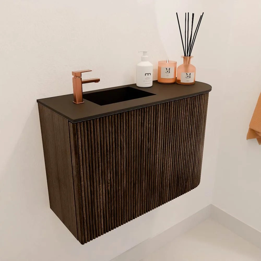 Mondiaz Joya 60cm toiletmeubel ronding rechts walnut met wastafel faye links 1 kraangat urban