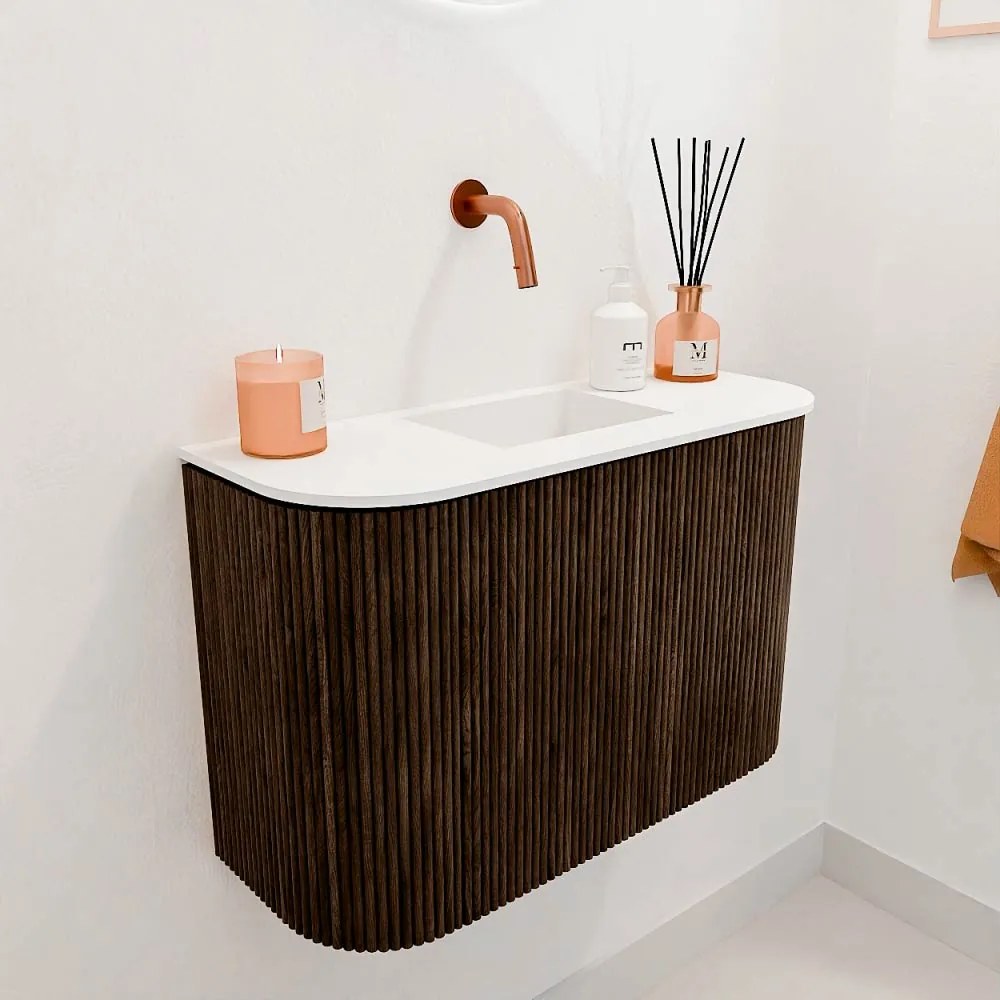 Mondiaz Joya 65cm toiletmeubel ronding links/rechts walnut met wastafel faye midden zonder kraangat talc