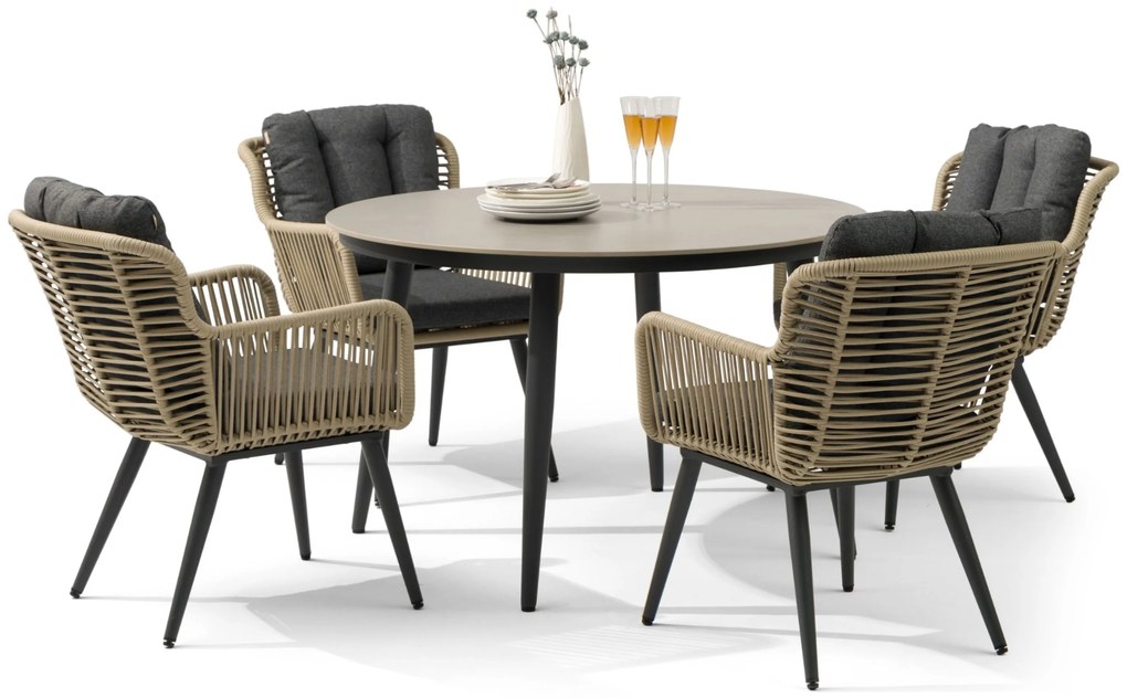 Tuinset Ronde Tuintafel 4 personen 120 cm Aluminium/Rope Taupe  Coco Custa/Vienna