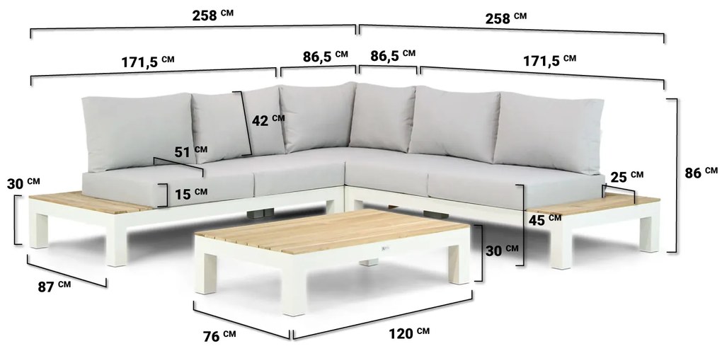 Loungeset 5 personen Aluminium/teak Wit Lifestyle Garden Furniture Ravalla