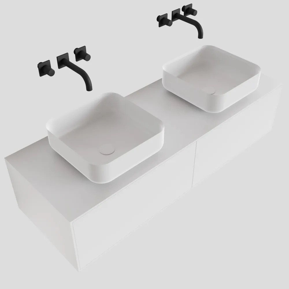 Zaro Lagom volledig naadloos solid surface onderkast met topblad 130cm mat wit met 2 lades Push tot open. Compleet met solid surface opzetkom met 0 kraangat(en)