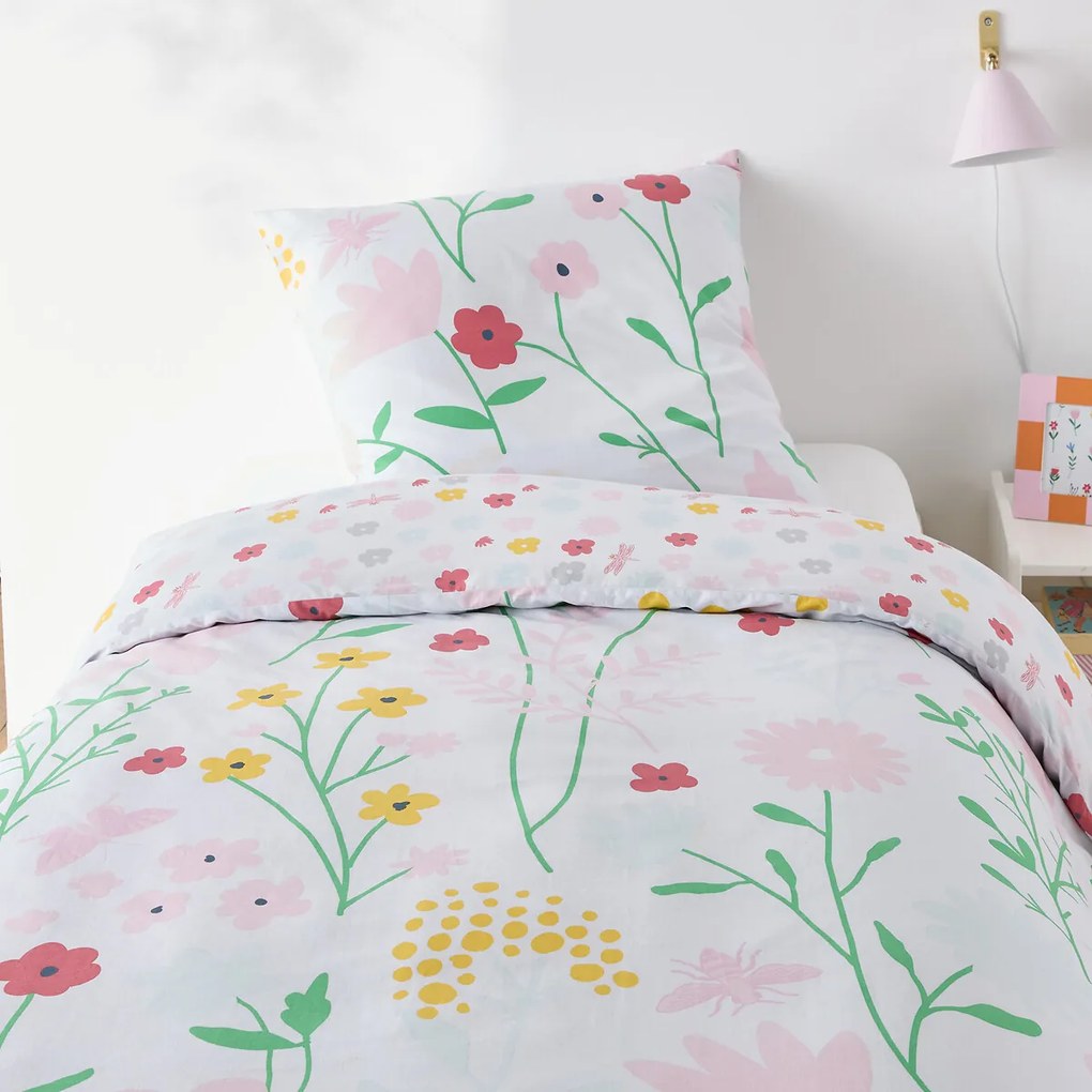 Katoenen bedset voor kinderen, vierkante kussensloop, Fleurs