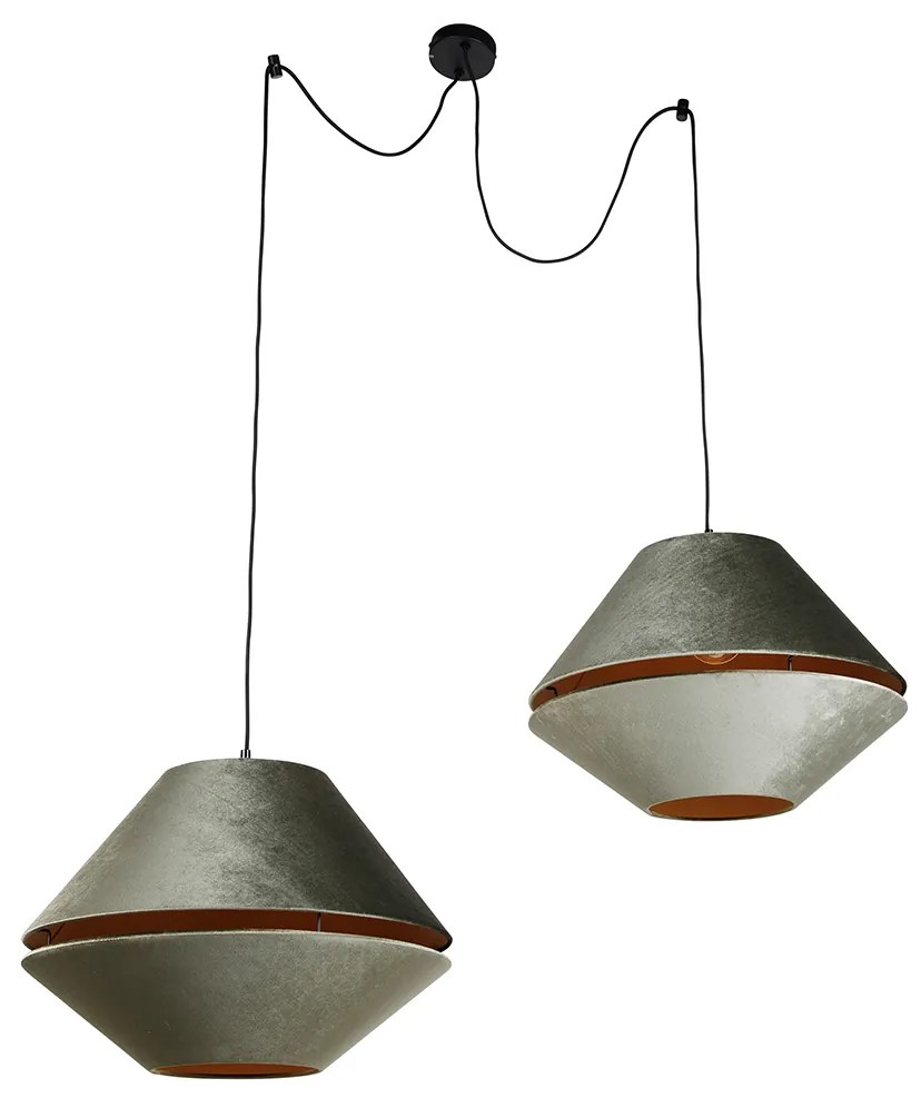 Hanglamp zwart met dubbele velours lampenkap groen met gouden binnenkant 2-lichts - Cava Luxe