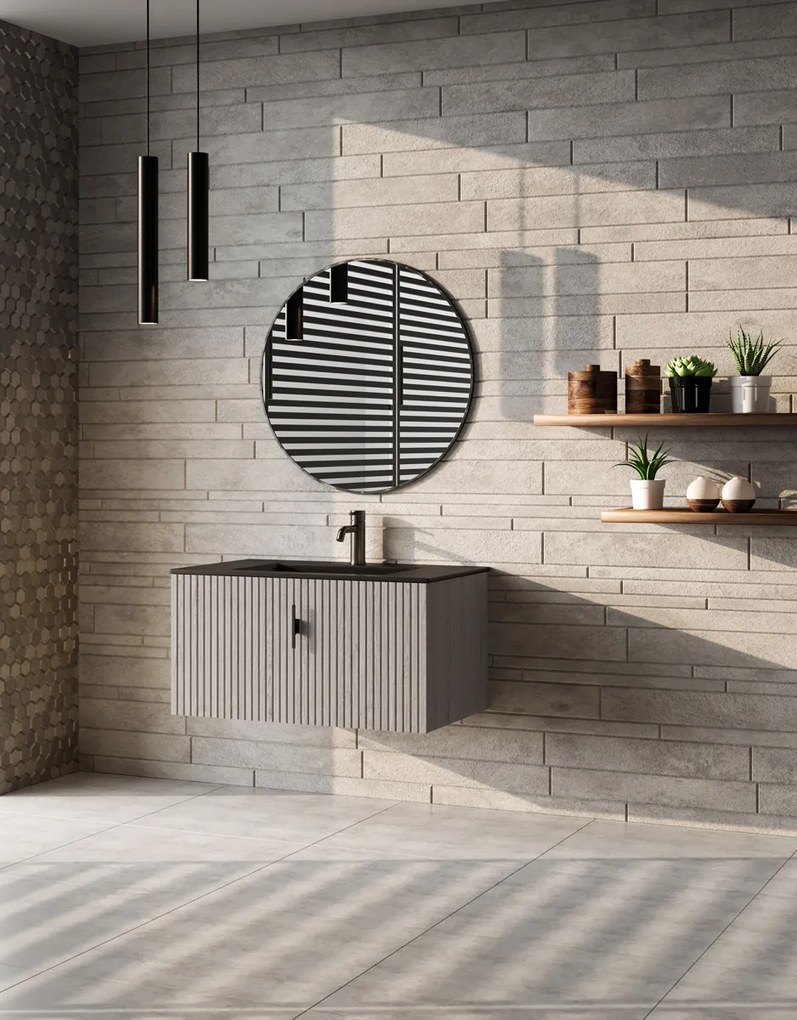 Muebles Raya badmeubel ribbelfront 80cm grijs eiken met zwarte wastafel met kraangat