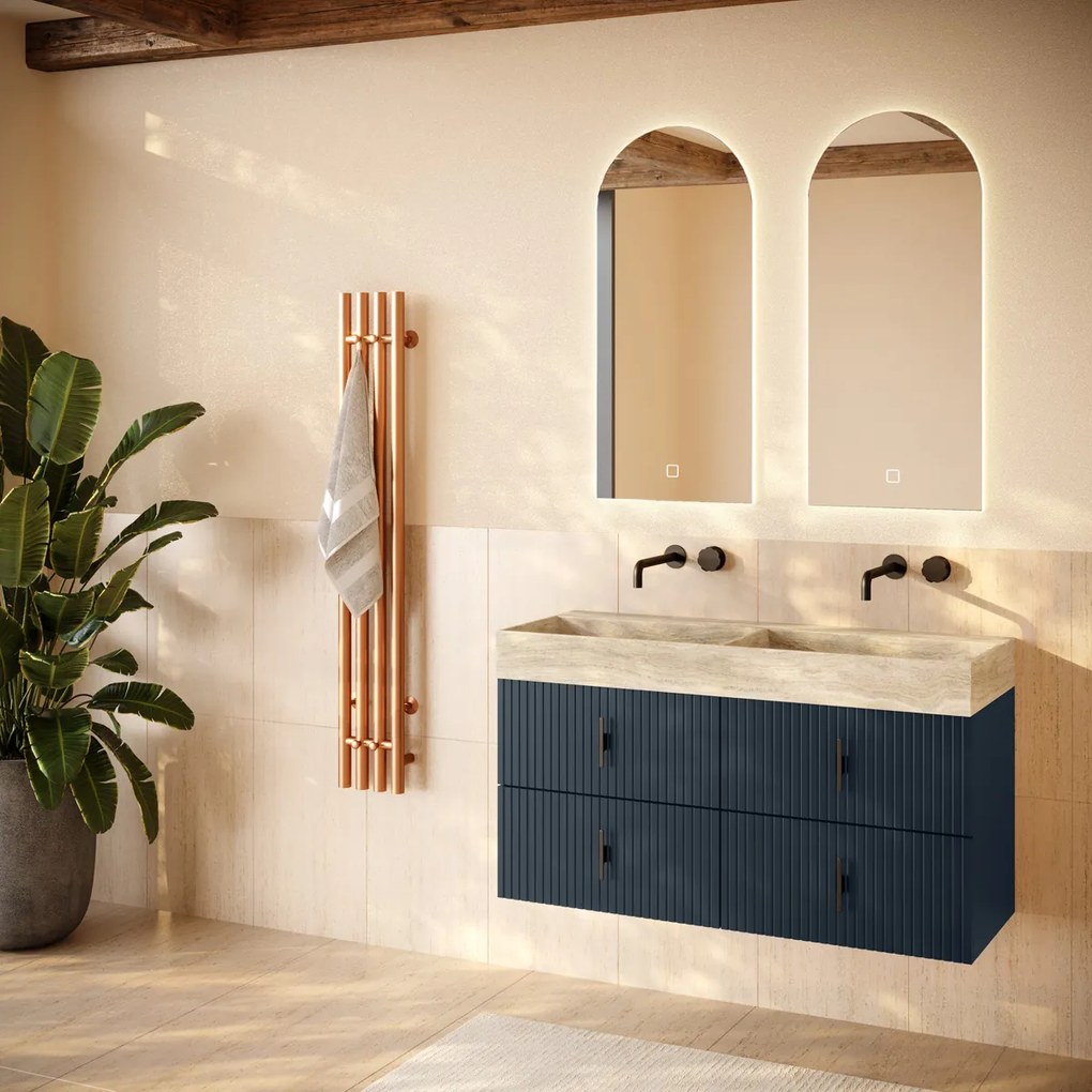 Muebles Murcia badmeubel ribbelfront 120cm marine blauw met White Travertin wastafel zonder kraangaten