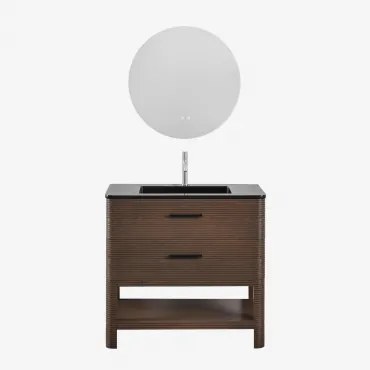 Badkamermeubelset In Hout Met Geïntegreerde Wastafel Misene Donker Hout & Round Led And Antifog Ø70 Cm Riben & Geborsteld Grijs - Sklum