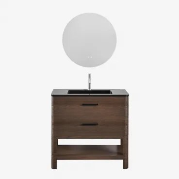 Badmeubelset 90x50 Cm Van Hout Met Geïntegreerde Wastafel Misene Donker Hout & Round Led And Antifog Ø70 Cm Riben & Geborsteld - Sklum