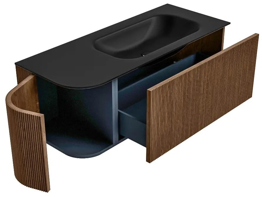 Mondiaz Kurve 115cm badmeubel ronding links walnut met 1 lade en deur en wastafel big small kraangat rechts urban